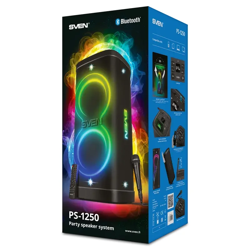Partybox SVEN "PS-1250" 300W, TWS, IPx4, Bluetooth, FM, USB, microSD, LED-display, 13500mA*h, Black — foto 16