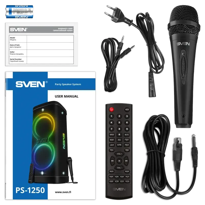 Partybox SVEN "PS-1250" 300W, TWS, IPx4, Bluetooth, FM, USB, microSD, LED-display, 13500mA*h, Black — foto 7