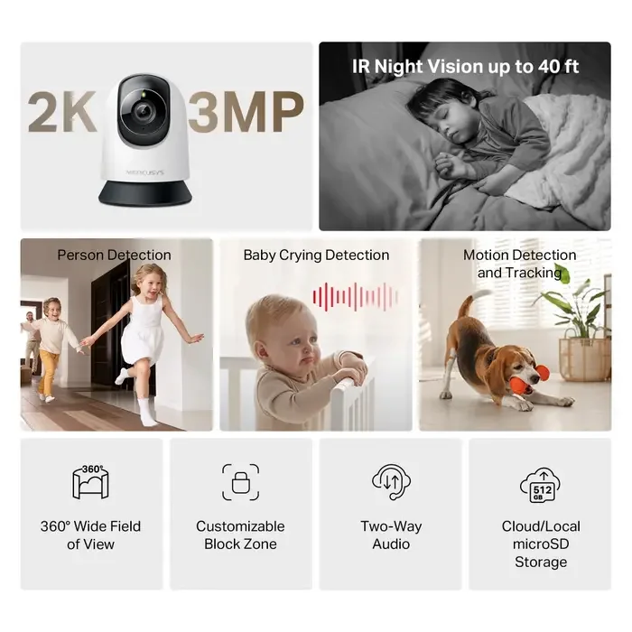 Mercusys Indoor MC210, 3Mpix, Pan/Tilt Home Security Wi-Fi Camera — foto 4