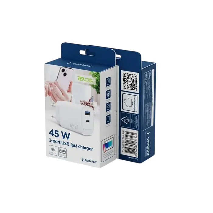 2-port 45 WUSB-C/USB-A fast charger, White, Gembird TA-UC-1A1C-PD45-01-W — foto 2