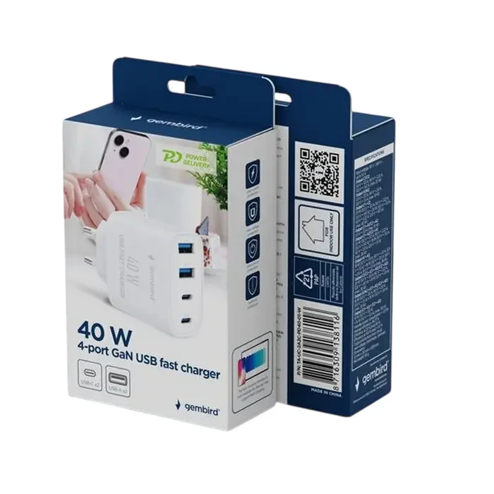 4-port 40 W GaN 2xUSB-C/2xUSB-A fast charger, White, Gembird TA-UC-2A2C-PD40-01-W — foto 4