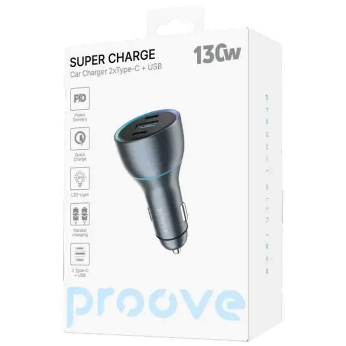 Car Charger Proove Super Charge 130W (2 Type-C + USB) Metal Gray — foto 3