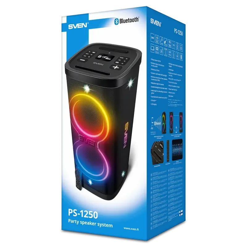 Partybox SVEN "PS-1250" 300W, TWS, IPx4, Bluetooth, FM, USB, microSD, LED-display, 13500mA*h, Black — foto 2